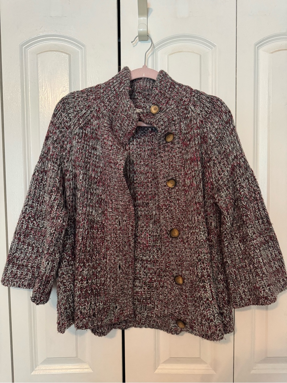 Chunky Marled Button-Front Knit Cardigan - Burgundy & Gray